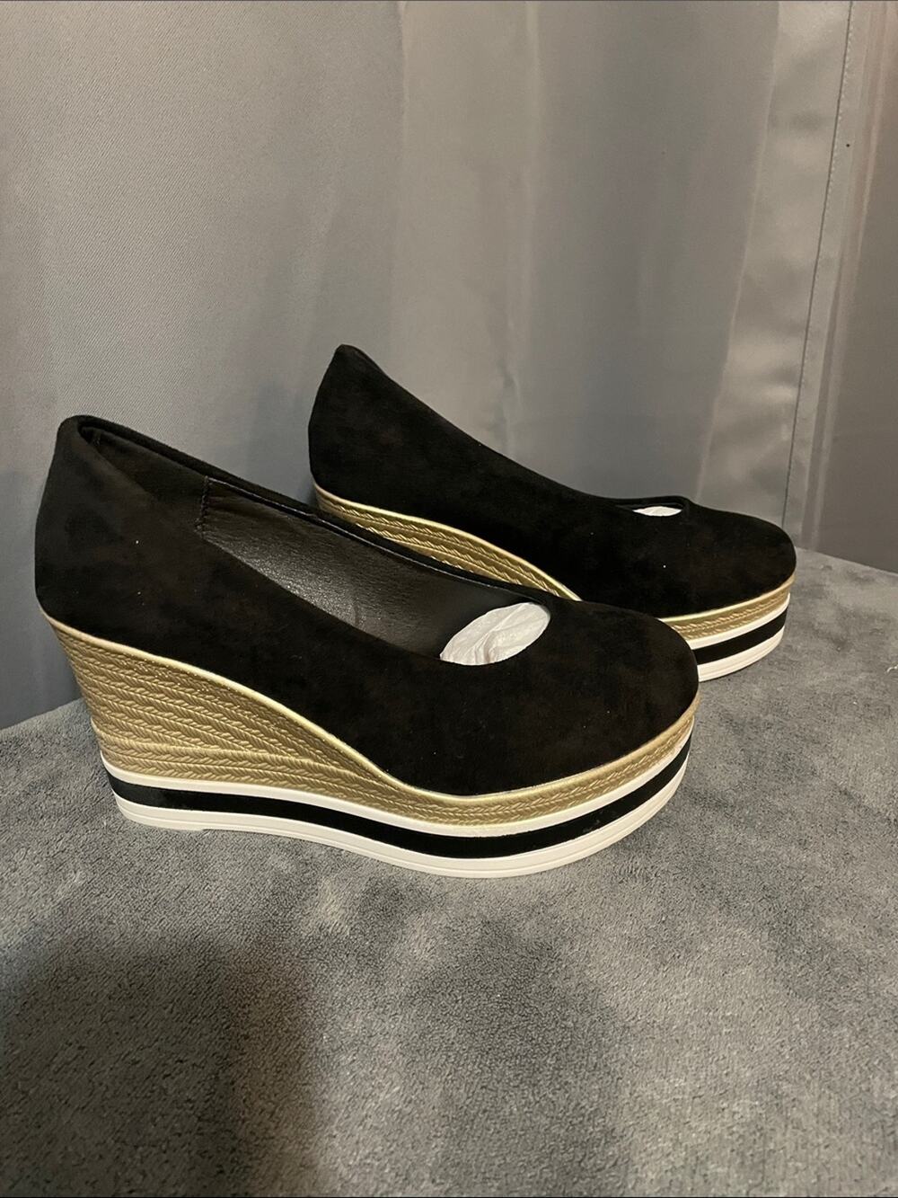 Black Suede Wedge Espadrille with Gold Platform Trim - Picture 1 of 4